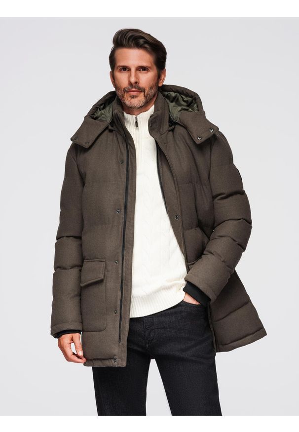 Ombre Clothing - Długa ciepła męska kurtka typu parka z wełną – ciemnooliwkowy melanż V4 - Rozmiar: M. Kolor: oliwkowy. Materiał: wełna. Długość: długie. Wzór: melanż