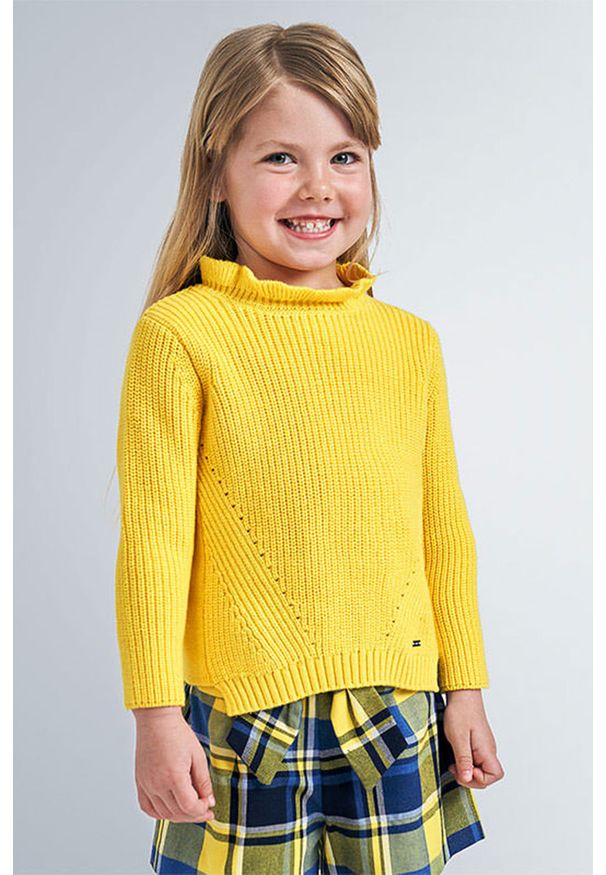 Mayoral - Sweter dziecięcy 92-134 cm. Typ kołnierza: golf. Kolor: żółty. Materiał: bawełna, dzianina, akryl. Wzór: gładki