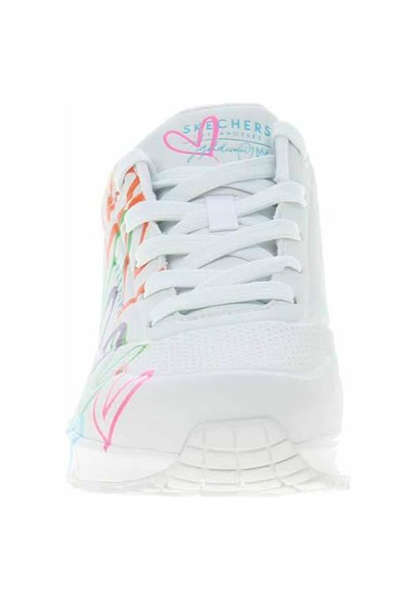 skechers - Damskie buty chodzenie Skechers Uno Highlight Love, białe. Okazja: na co dzień, na spacer. Kolor: biały. Materiał: syntetyk, materiał. Sport: turystyka piesza
