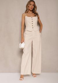 Renee - Beżowy Elegancki Komplet Top z Guzikami i Szerokie Spodnie z Wiskozy i Bawełny Divianne. Kolor: beżowy. Materiał: bawełna, wiskoza