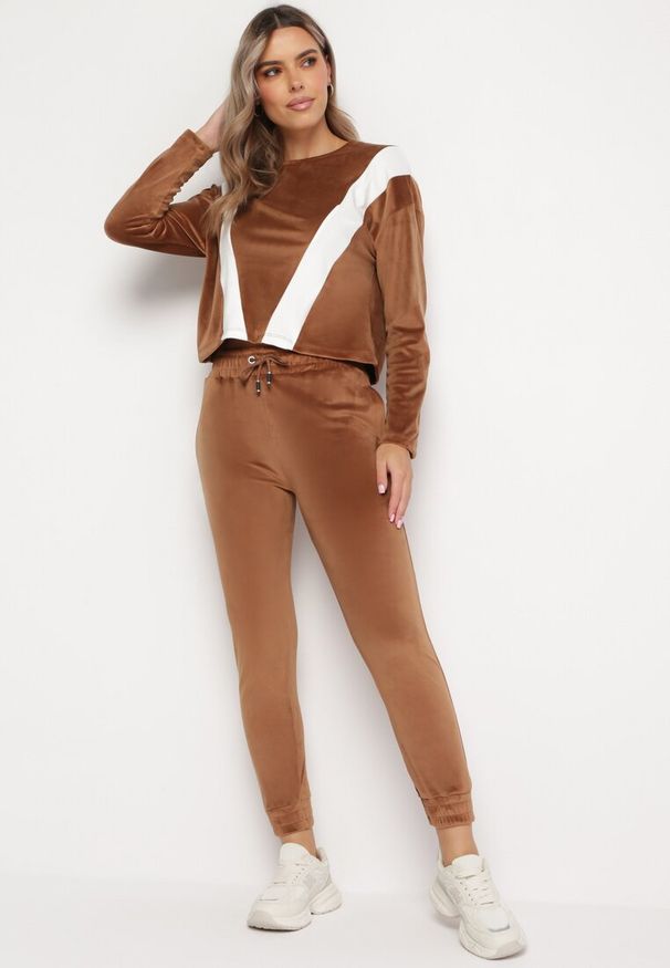 Born2be - Brązowy Welurowy Komplet Dresowy z Bluzą i Spodniami Bellanna. Kolor: brązowy. Materiał: dresówka, welur