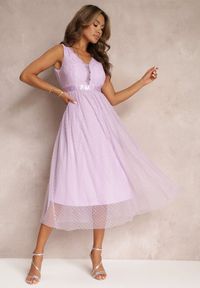 Renee - Fioletowa Tiulowa Sukienka Rozkloszowana z Koronką Phyvana. Kolor: fioletowy. Materiał: tiul, koronka. Wzór: koronka #1