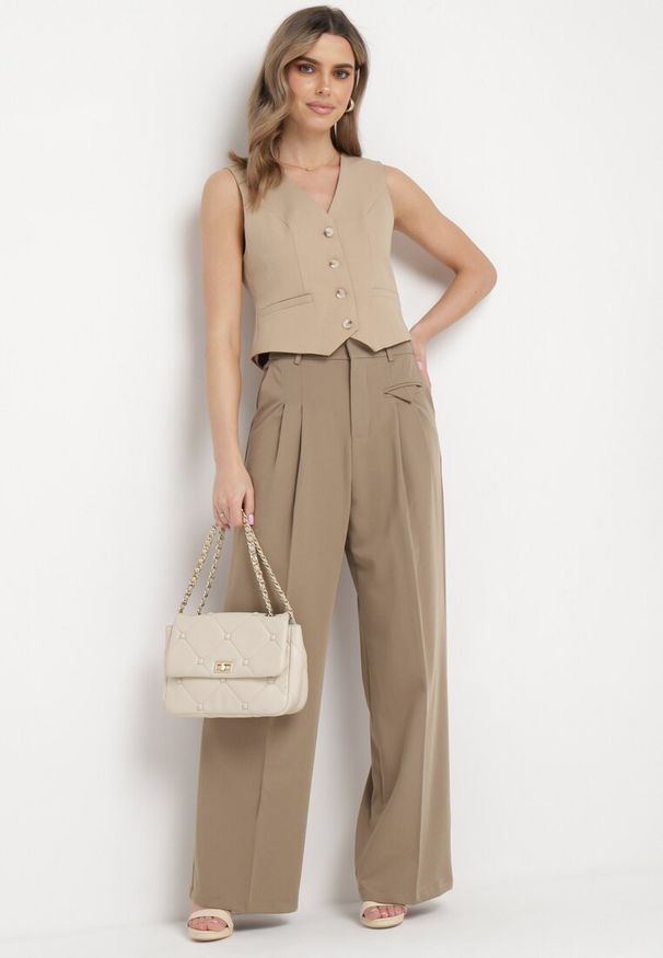 Born2be - Ciemnobeżowe Eleganckie Spodnie w Garniturowym Stylu z Zakładkami Illthai. Kolor: beżowy. Styl: elegancki