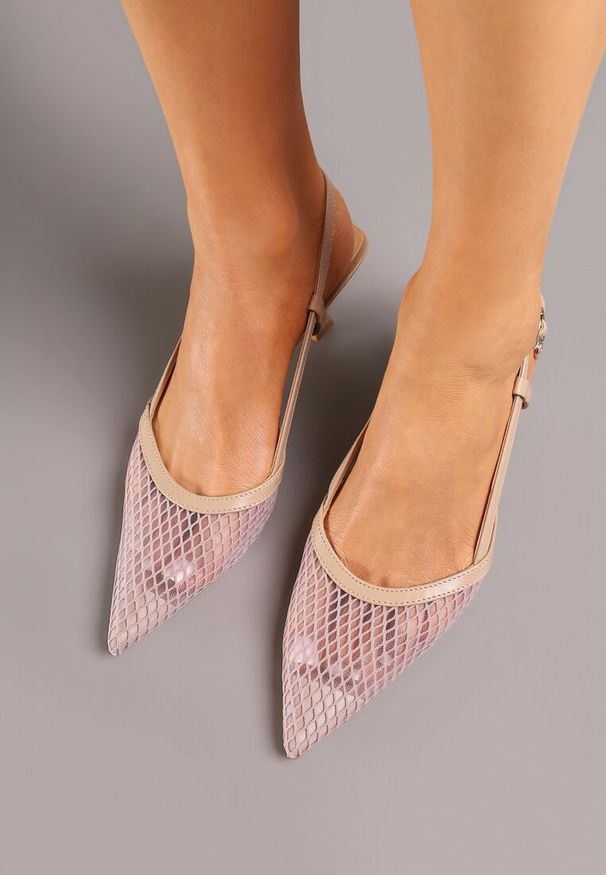 Renee - Beżowe Sandały Vices na Kaczuszce Slingback z Siateczkową Cholewką Lumevile. Zapięcie: sprzączka. Kolor: beżowy. Obcas: na szpilce. Styl: klasyczny, elegancki. Wysokość obcasa: średni