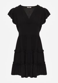 Born2be - Czarna Gładka Sukienka Mini Taliowana z Falbankami Wokół Ramion Zynnas. Typ kołnierza: kołnierz z falbankami. Kolor: czarny. Wzór: gładki. Sezon: lato. Długość: mini #7