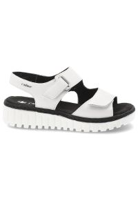 Sandały damskie Rieker, cholewka ze skóry naturalnej z materiałowym wnętrzem zapinane na rzep, białe, V1382-80. Okazja: na co dzień, na spacer. Zapięcie: rzepy. Kolor: biały. Materiał: materiał, skóra. Wzór: paski. Sezon: lato. Styl: klasyczny, casual #5