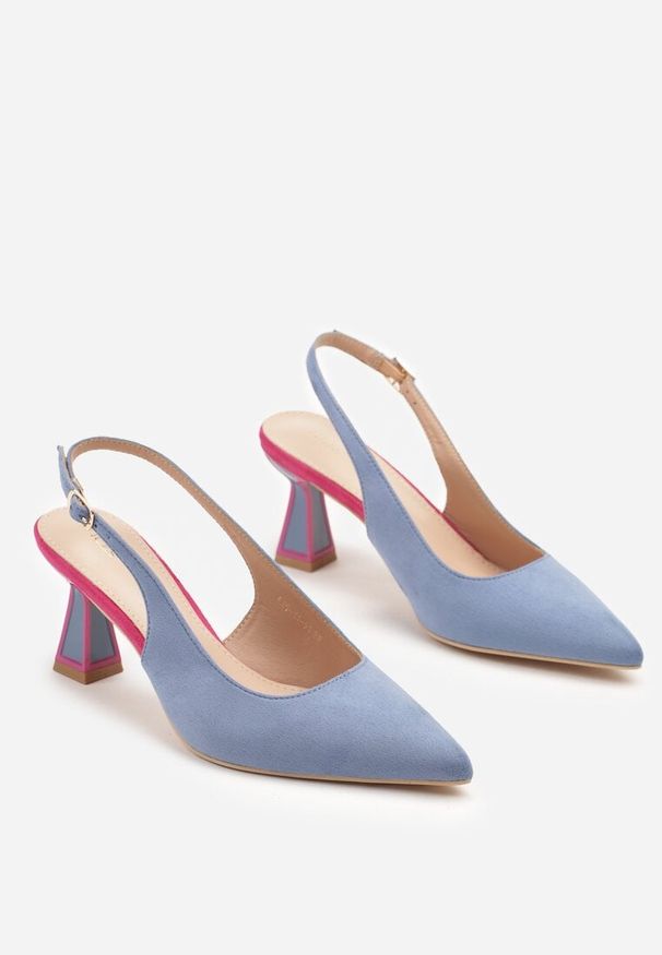 Renee - Niebieskie Sandały Vices na Kaczuszce Typu Slingback Edilitha. Okazja: na co dzień. Zapięcie: sprzączka. Kolor: niebieski. Materiał: koronka. Wzór: aplikacja. Obcas: na szpilce. Styl: casual. Wysokość obcasa: średni