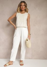 Renee - Białe Spodnie z Bawełny High Waist Sonirea. Okazja: na co dzień. Stan: podwyższony. Kolor: biały. Materiał: bawełna. Styl: casual