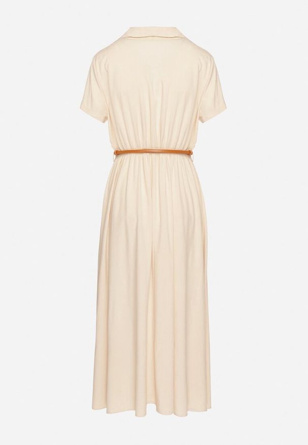 Born2be - Beżowa Wiskozowa Sukienka o Koszulowym Fasonie z Wąskim Paskiem Fillamea. Kolor: beżowy. Materiał: wiskoza. Wzór: aplikacja. Typ sukienki: koszulowe. Styl: elegancki