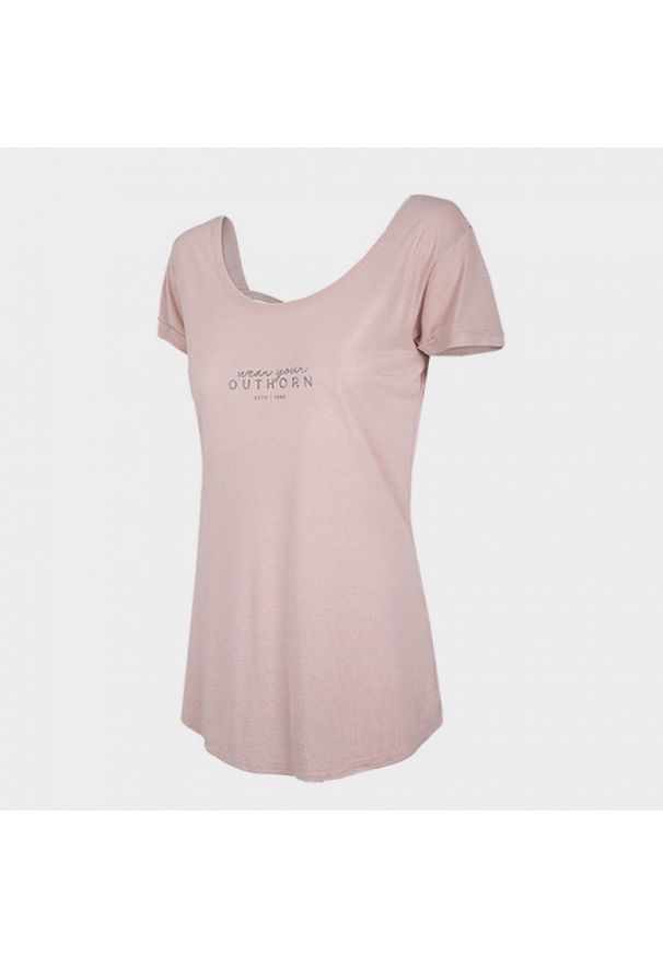 outhorn - T-shirt damski. Typ kołnierza: dekolt na plecach. Materiał: poliester, dzianina, wiskoza. Długość rękawa: krótki rękaw