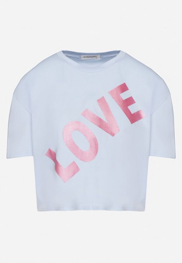 Born2be - Niebieski Bawełniany T-shirt Oversize o Krótkim Kroju z Napisem Sannelia. Okazja: na co dzień. Kolor: niebieski. Materiał: bawełna. Długość: krótkie. Wzór: napisy. Styl: casual