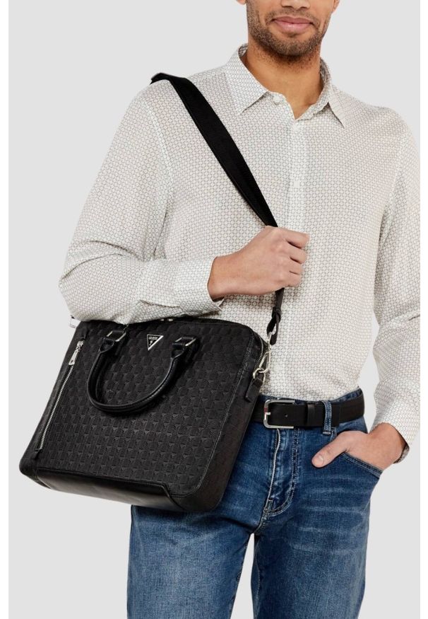 Guess - GUESS Сzarna męska aktówka Torino Briefcase. Kolor: czarny. Materiał: materiał