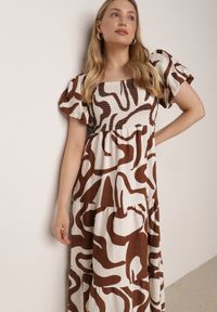 Born2be - Brązowa Wiskozowa Sukienka z Bufiastymi Rękawami w Abstrakcyjny Wzór Tibee. Okazja: na co dzień. Kolor: brązowy. Materiał: wiskoza. Wzór: nadruk. Typ sukienki: proste. Styl: wakacyjny, casual, elegancki #3