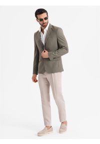Ombre Clothing - Męska elegancka marynarka SLIM FIT z rayonem – oliwkowa V5 - Rozmiar: M. Kolor: oliwkowy. Materiał: tkanina, poliester, materiał. Wzór: ze splotem. Styl: elegancki #7