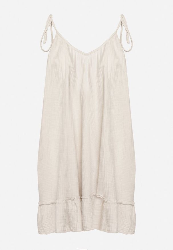 Born2be - Beżowa Rozkloszowana Muślinowa Sukienka z Bawełny na Wiązanych Ramiączkach Wirvia. Okazja: na spacer. Typ kołnierza: dekolt w kształcie V. Kolor: beżowy. Wzór: aplikacja. Typ sukienki: rozkloszowane. Materiał: bawełna. Długość rękawa: na ramiączkach. Sezon: lato. Styl: elegancki