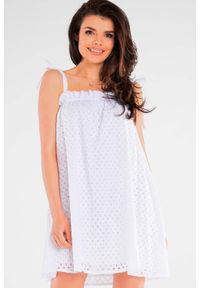 Awama - Bawełniana Ażurowa Sukienka Wiązana na Ramionach - Biała. Kolor: biały. Materiał: bawełna. Wzór: ażurowy
