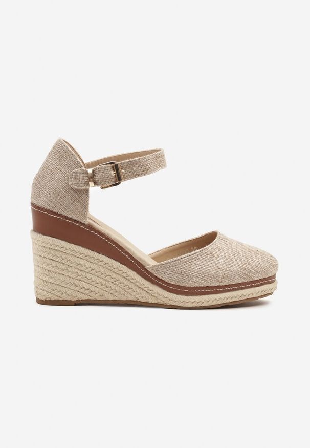 Renee - Ciemnobeżowe Sandały na Koturnie z Plecionką w Stylu Espadryli Alathria. Okazja: na co dzień. Zapięcie: sprzączka. Kolor: beżowy. Sezon: lato. Obcas: na koturnie. Styl: casual, elegancki