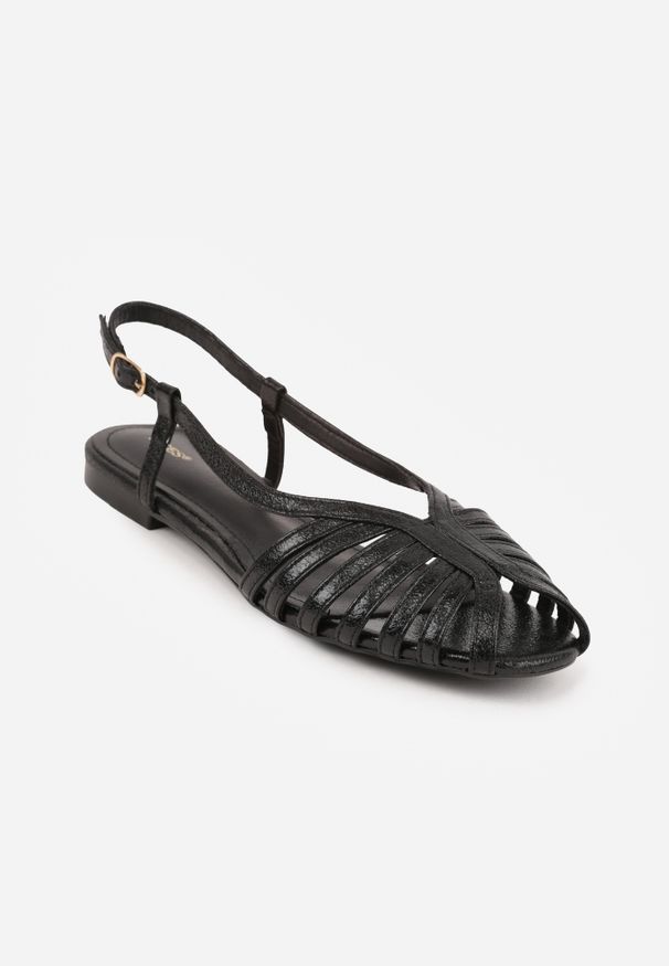 Renee - Czarne Sandały Peep Toe VICES na Płaskiej Podeszwie z Cienkimi Paseczkami Nadalila. Okazja: na plażę. Nosek buta: otwarty. Kolor: czarny. Materiał: koronka. Sezon: lato. Obcas: na płaskiej podeszwie. Styl: elegancki