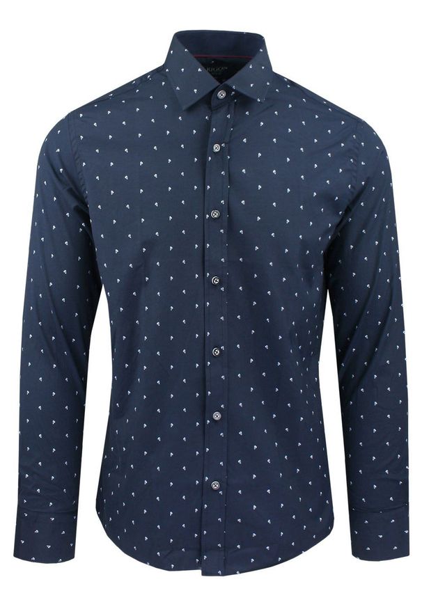 Męska Koszula, Taliowana (Slim Fit) - Rigon - Granat, Drobny Wzór. Okazja: do pracy, na spotkanie biznesowe. Kolor: niebieski. Materiał: bawełna, poliester, elastan. Długość rękawa: długi rękaw. Długość: długie. Styl: wizytowy, elegancki, biznesowy