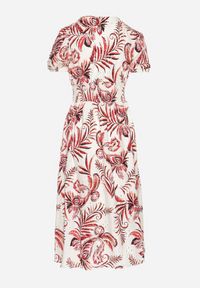 Born2be - Czerwona Rozkloszowana Sukienka z Dekoltem w Serek Zdobiona Roślinnym Wzorem Evilirae. Okazja: do pracy, na co dzień, na spotkanie biznesowe. Typ kołnierza: dekolt w serek. Kolor: czerwony. Wzór: aplikacja. Styl: casual, biznesowy #6