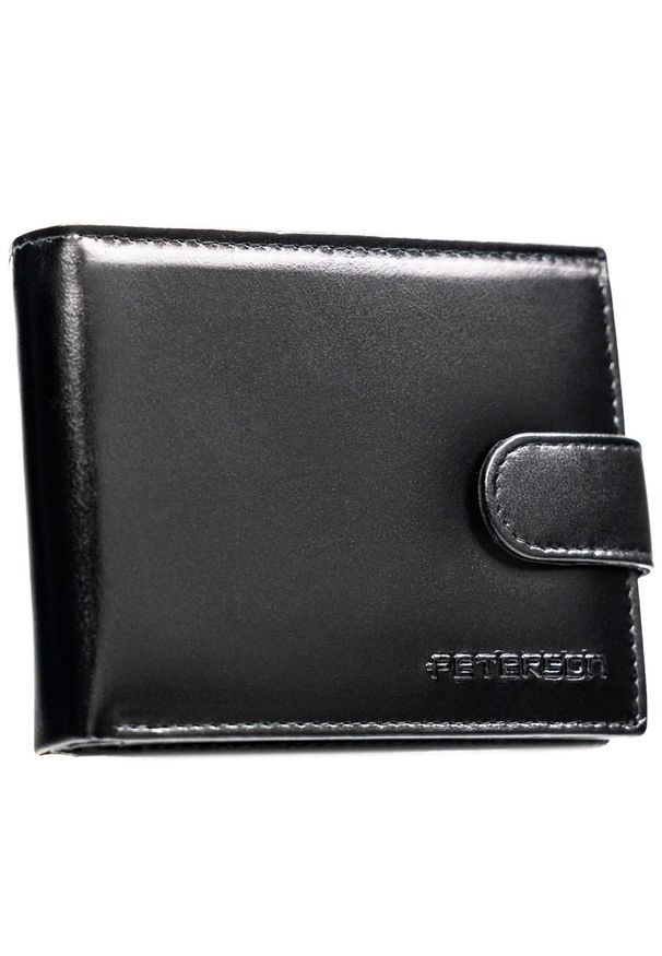 Poziomy, elegancki, czarny portfel męski ze skóry naturalnej zamykany zatrzaskiem - Peterson. Kolor: czarny. Materiał: skóra