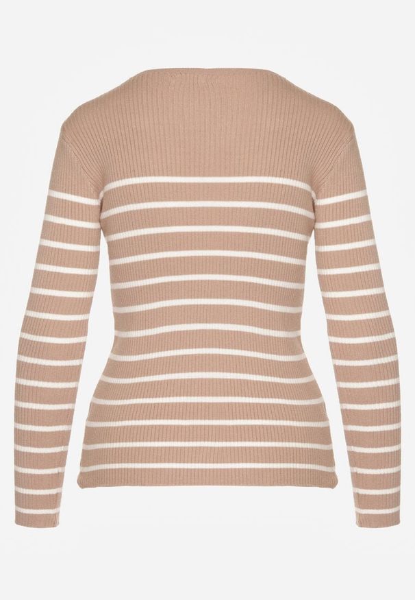 Renee - Beżowa Bluzka z Bawełną z Motywem Pasków i Guzikami Serisse. Okazja: do pracy, na co dzień, na spotkanie biznesowe. Kolor: beżowy. Materiał: bawełna. Wzór: paski. Styl: biznesowy, casual