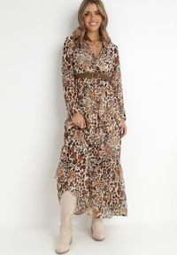 Born2be - Brązowo-Beżowa Sukienka Z Paskiem Phaenala. Kolor: brązowy. Materiał: zamsz. Wzór: motyw zwierzęcy, nadruk. Styl: klasyczny. Długość: maxi #6