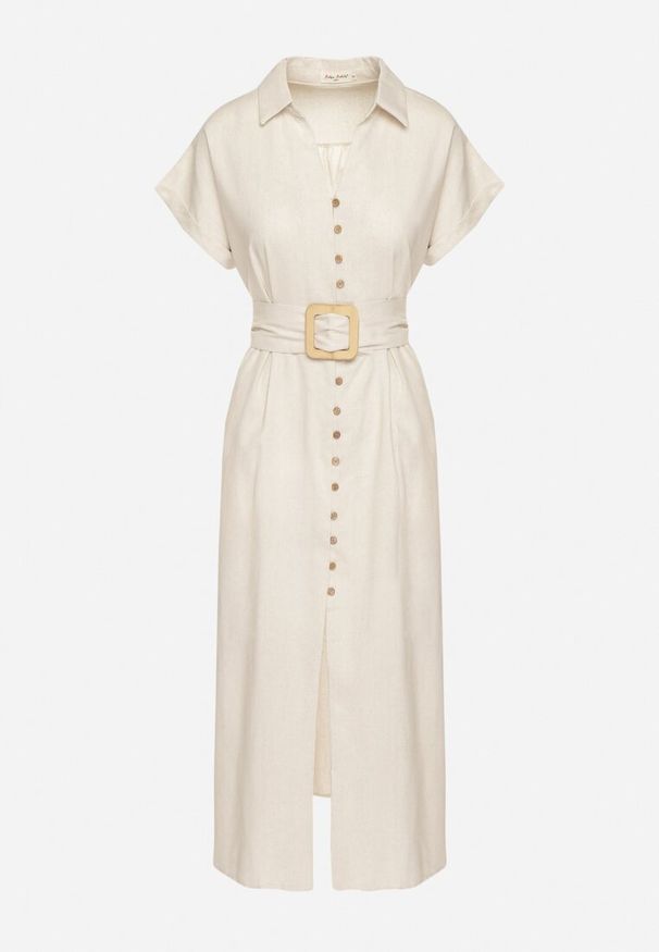 Born2be - Jasnobeżowa Bawełniana Sukienka Koszulowa na Krótki Rękaw z Dodatkowym Paskiem Callira. Okazja: na co dzień, na spacer. Kolor: beżowy. Materiał: bawełna. Długość rękawa: krótki rękaw. Typ sukienki: koszulowe. Styl: casual, elegancki