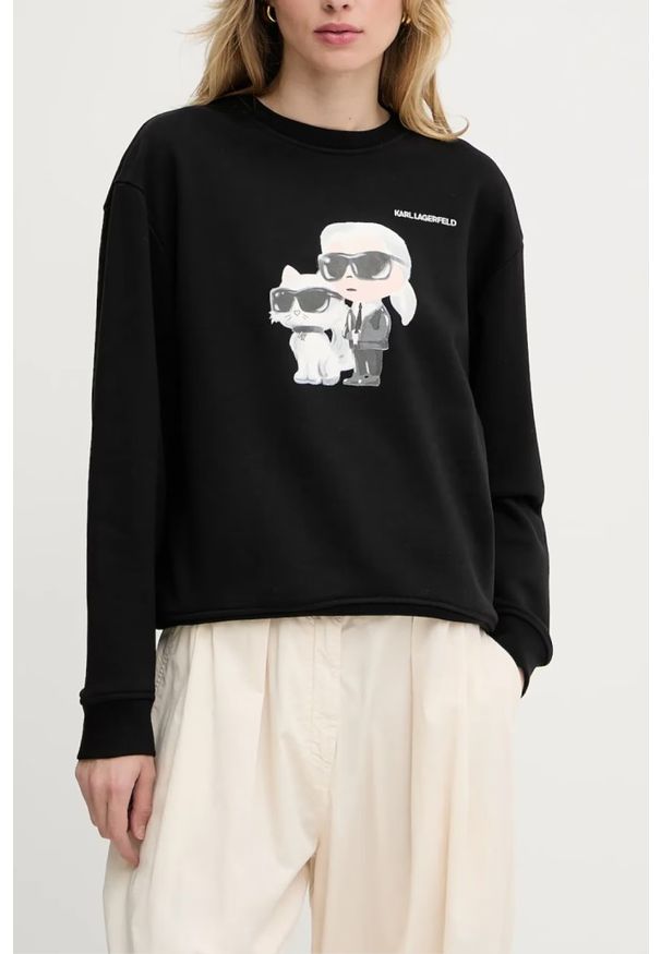 Karl Lagerfeld - KARL LAGERFELD Czarna damska bluza Ikon Duo, Rozmiar XS. Kolor: czarny. Materiał: bawełna. Wzór: nadruk
