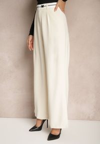 Renee - Beżowe Spodnie o Szerokim Kroju High Waist Wykończone Lamówką Verillia. Okazja: na co dzień, na spacer. Stan: podwyższony. Kolor: beżowy. Styl: elegancki, casual