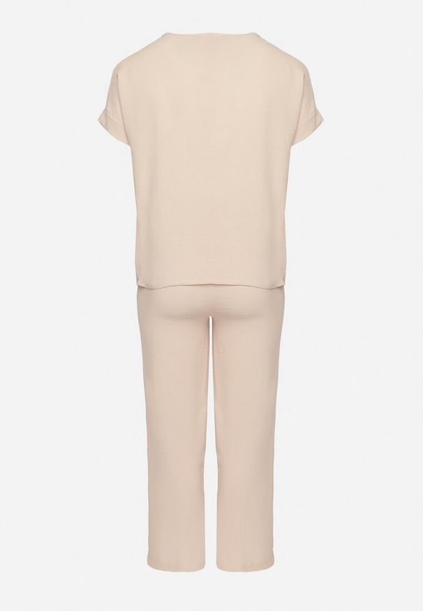 Born2be - Beżowy Komplet z Bawełną Bluzka z Marszczeniem i Szerokie Spodnie Jenindriela. Kolor: beżowy. Materiał: bawełna