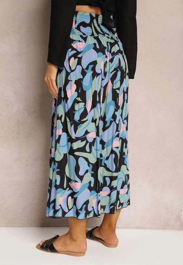 Renee - Czarno-Niebieskie Spodnie z Wiskozy High Waist z Gumką w Pasie Alaqinta. Okazja: na co dzień. Stan: podwyższony. Kolor: czarny. Materiał: wiskoza. Styl: elegancki, casual