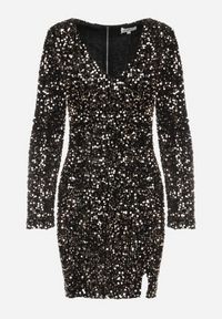 Born2be - Złoto-Czarna Sukienka z Cekinami i Wycięciem Glykera. Okazja: na wesele, na ślub cywilny. Kolor: złoty. Długość rękawa: długi rękaw. Typ sukienki: asymetryczne. Długość: mini #6