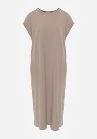 Renee - Ciemnobeżowa Sukienka T-shirtowa z Krótkimi Szerokimi Rękawami Arisea. Okazja: na spotkanie biznesowe. Kolor: beżowy. Długość rękawa: krótki rękaw. Sezon: wiosna, lato. Typ sukienki: proste. Styl: elegancki, biznesowy #2