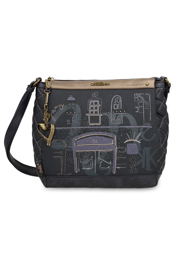 Granatowa Torebka Anekke Modna Damska Listonoszka. Kolor: niebieski. Wzór: haft, aplikacja. Dodatki: z haftem, z breloczkiem, z aplikacjami. Materiał: zdobione. Styl: casual