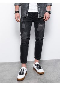 Ombre Clothing - Męskie spodnie jeansowe taper fit z dziurami - czarne V2 P1028 - XXL. Kolor: czarny. Materiał: jeans. Wzór: aplikacja. Styl: vintage, elegancki #4