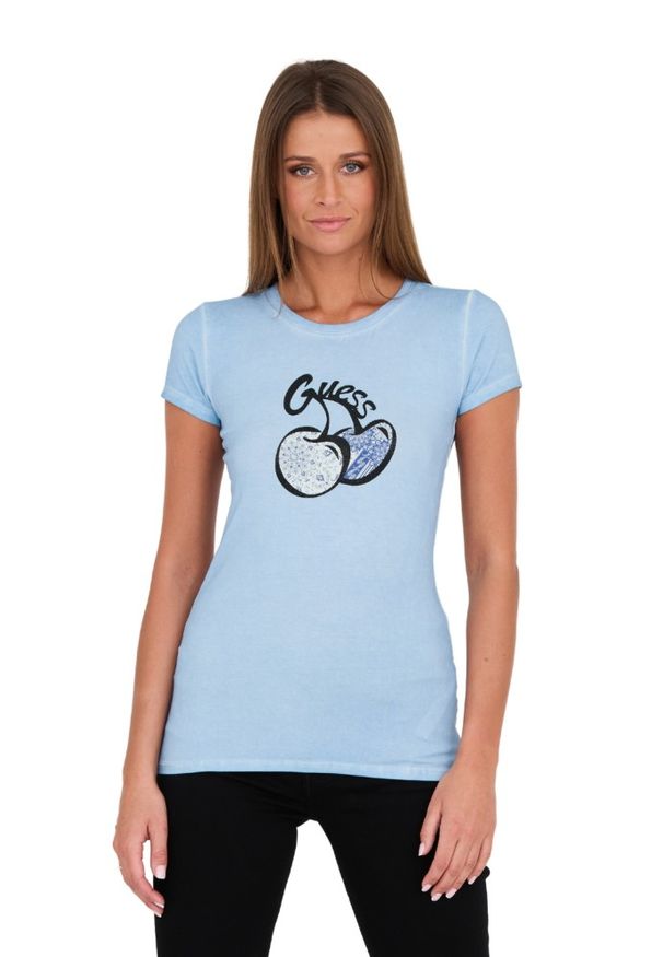 Guess - GUESS Niebieski damski t-shirt bawełniany z printem i cyrkoniami, Rozmiar XS. Kolor: niebieski. Materiał: bawełna. Wzór: nadruk