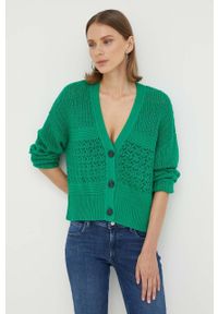 Marc O'Polo kardigan bawełniany DENIM kolor zielony. Typ kołnierza: polo. Kolor: zielony. Materiał: bawełna, denim. Długość rękawa: długi rękaw. Długość: długie. Wzór: ze splotem #1