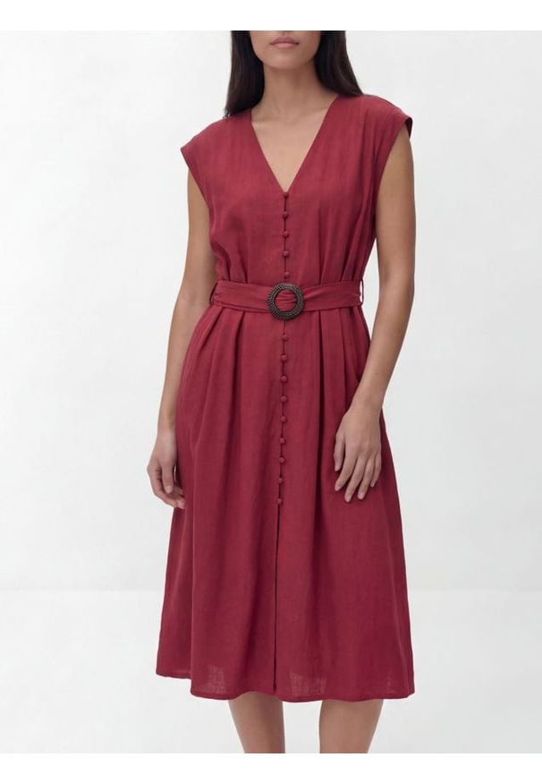 Reserved - Sukienka z dodatkiem lnu - bordowy. Kolor: czerwony. Materiał: len
