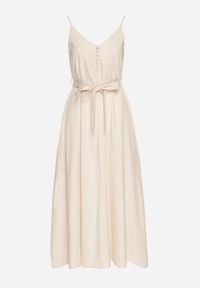 Born2be - Beżowa Sukienka z Wiskozą i Bawełną Ozdobiona Paskiem Saviliae. Kolor: beżowy. Materiał: bawełna, wiskoza. Długość rękawa: na ramiączkach. Wzór: aplikacja. Styl: elegancki #2