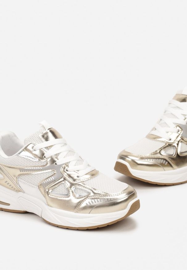 Renee - Biało-Złote Sneakersy ze Wstawkami z Ekoskóry na Grubej Podeszwie Elperna. Kolor: złoty