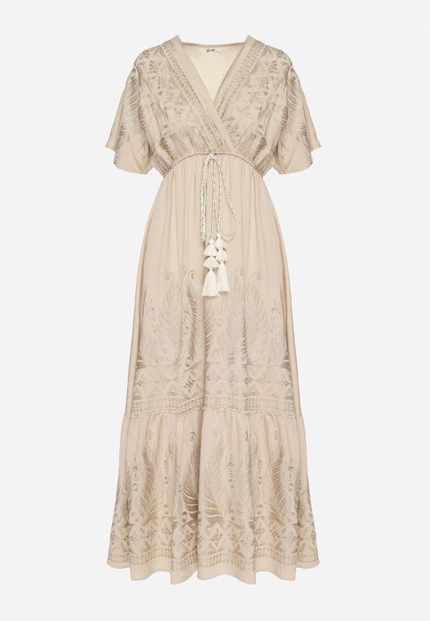 Born2be - Beżowa Kopertowa Sukienka z Wiskozy Zdobiona Frędzlami i Metalicznym Haftem Redeirae. Okazja: na co dzień, na spacer. Typ kołnierza: dekolt w serek. Kolor: beżowy. Materiał: wiskoza. Wzór: haft, aplikacja. Typ sukienki: kopertowe. Styl: casual, klasyczny