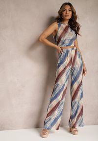 Renee - Granatowo-Beżowe Siateczkowe Spodnie Szerokie High Waist Mandiore. Okazja: na co dzień. Stan: podwyższony. Kolor: niebieski. Styl: casual, elegancki