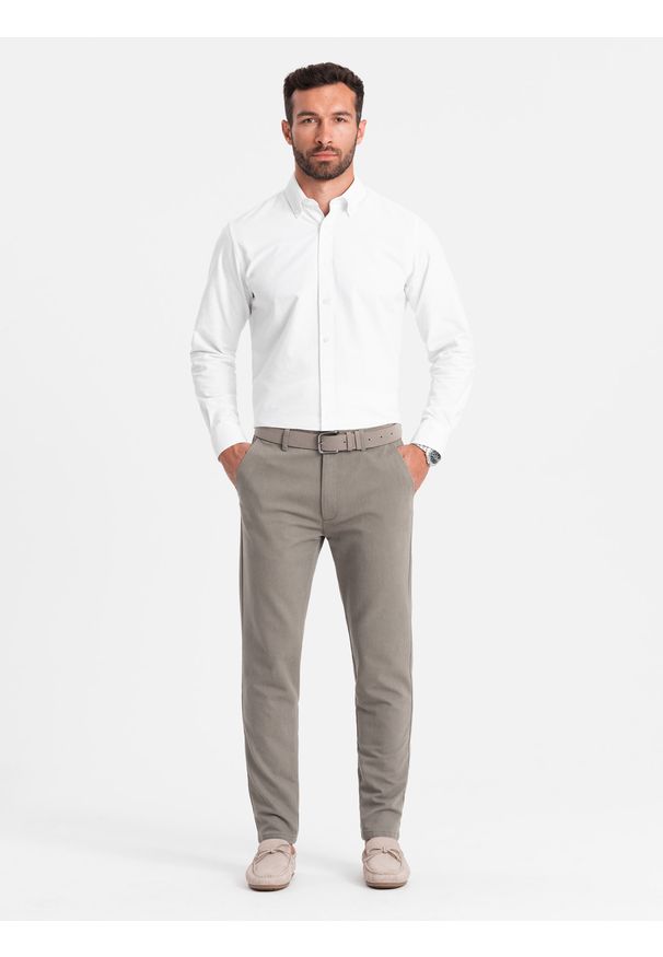 Ombre Clothing - Klasyczne spodnie męskie chino z delikatną teksturą - ciemnobeżowe V1 OM-PACP-0188 - XXL. Kolor: beżowy. Materiał: poliester, materiał, bawełna. Styl: klasyczny