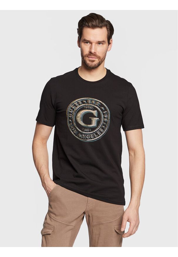 Guess T-Shirt Round Logo M3GI11 J1314 Czarny Slim Fit. Kolor: czarny. Materiał: bawełna