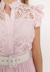 Born2be - Różowa Sukienka Ażurowa o Koszulowym Kroju z Paskiem z Ekoskóry Trija. Okazja: na co dzień, na imprezę. Kolor: różowy. Wzór: ażurowy. Typ sukienki: koszulowe. Styl: casual, elegancki #3