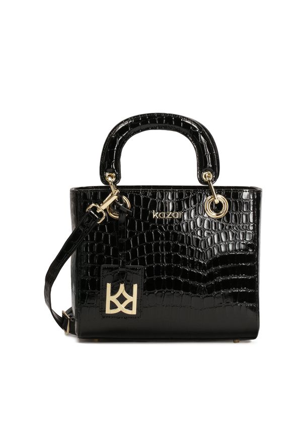 Kazar - Elegancka skórzana torebka z uchwytami do ręki podkreślona printem. Kolor: czarny. Wzór: nadruk. Materiał: skórzane, z tłoczeniem. Styl: elegancki. Rodzaj torebki: do ręki