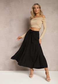 Renee - Czarna Rozkloszowana Spódnica Maxi z Wiskozy z Materiałowymi Paskami Wintelis. Okazja: do pracy. Kolor: czarny. Materiał: materiał, wiskoza. Wzór: paski. Styl: elegancki #4