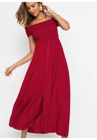 bonprix - Sukienka z przeszyciem cienkimi gumkami. Typ kołnierza: typu carmen. Kolor: czerwony. Styl: elegancki #3