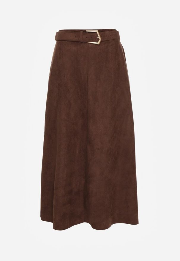 Born2be - Brązowa Rozkloszowana Wiskozowa Spódnica z Bawełną Ozdobiona Paskiem Nawedea. Okazja: na co dzień. Kolor: brązowy. Materiał: bawełna, wiskoza. Wzór: aplikacja. Styl: klasyczny, casual, elegancki